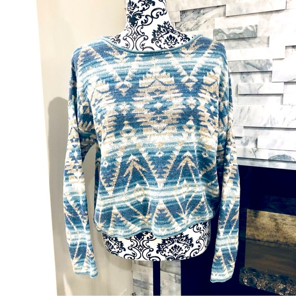 Denim & Supply Ralph Lauren Aztec Print Knit Cotton Sweater Blue White XS - Picture 1 of 6